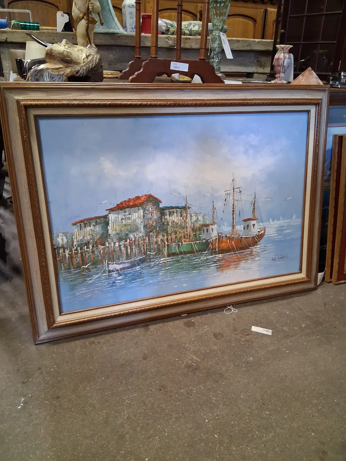 Large Seascape Wharf Vintage Oil Painting 1