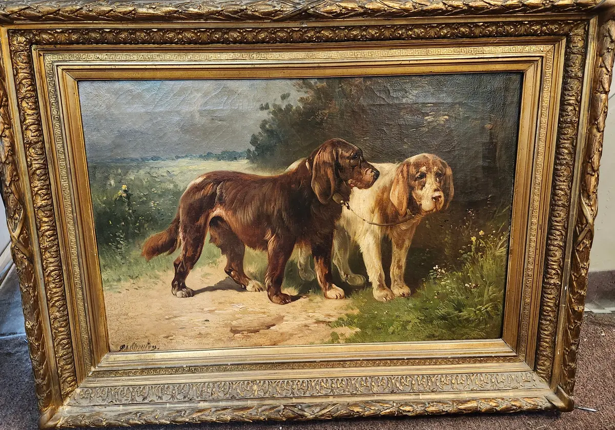 Medium Framed Oil Painting Of Dogs Signed P, Shouten 1