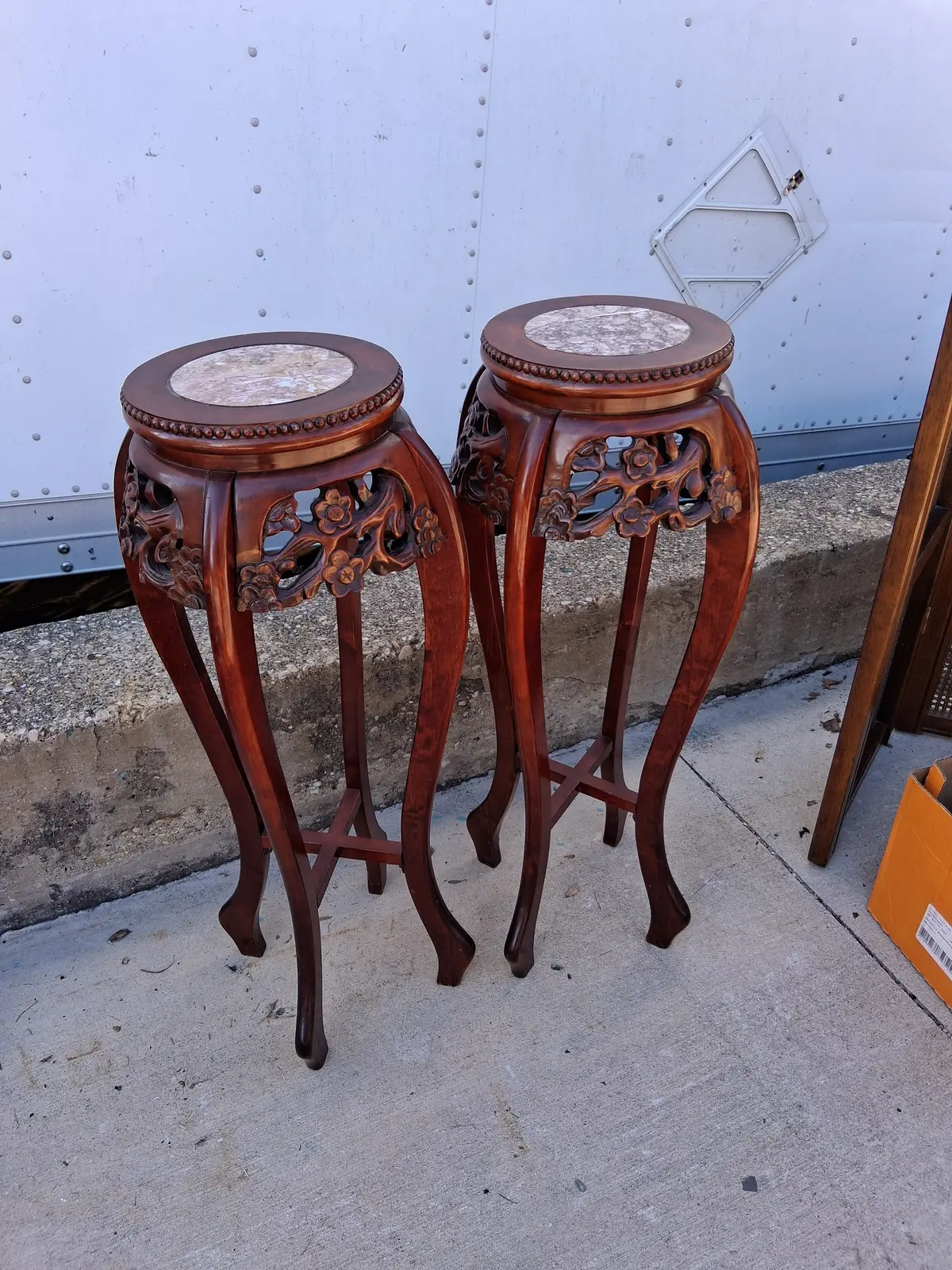 Pair Of Carved Mahogany And Marble Asian Stands 1