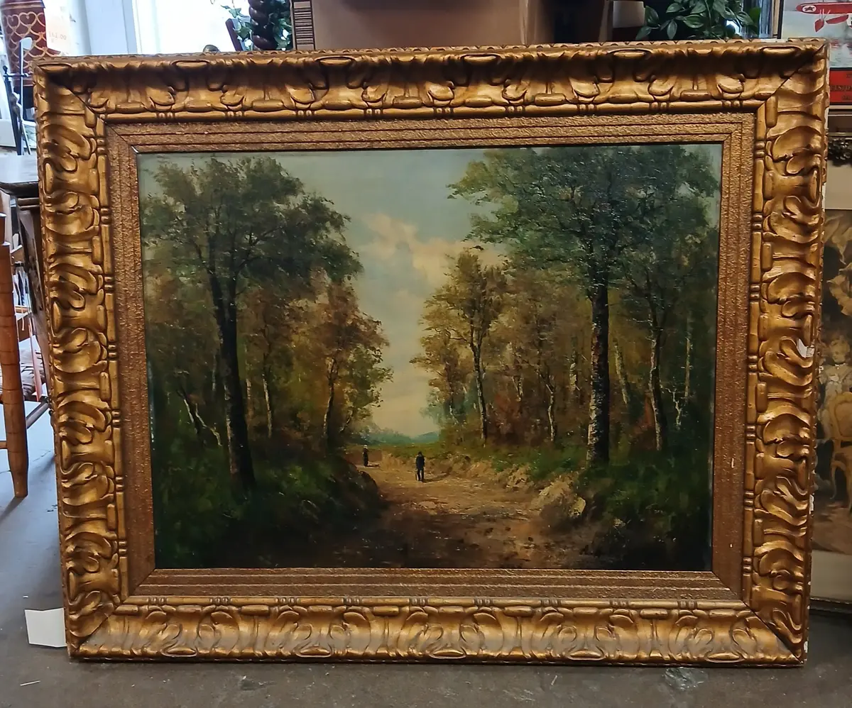 Large Gilt Framed Landscape Oil Painting On Canvas Of 2 People On A Forest Path 1