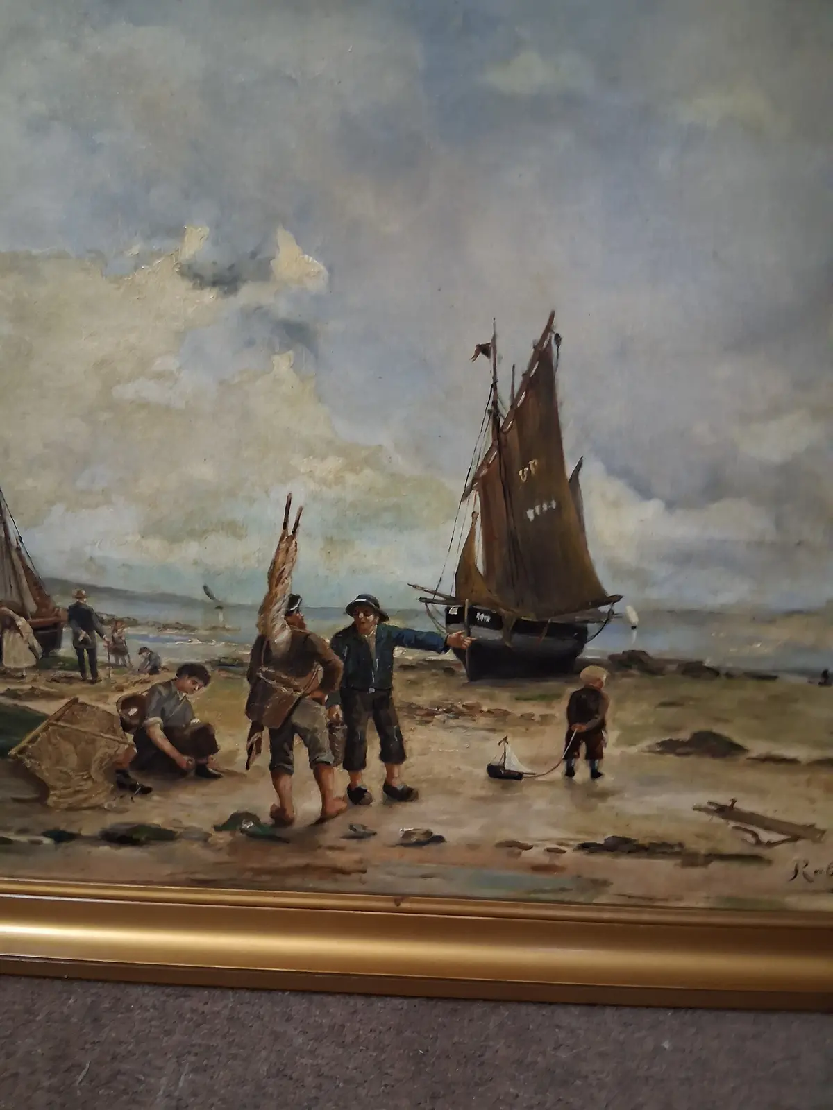 Framed Seascap Oil Painting With People And Boats 1