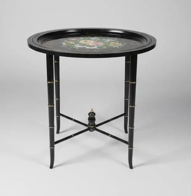 Oval Black Lacquer Faux Bamboo Table With Tole Tray Top 1