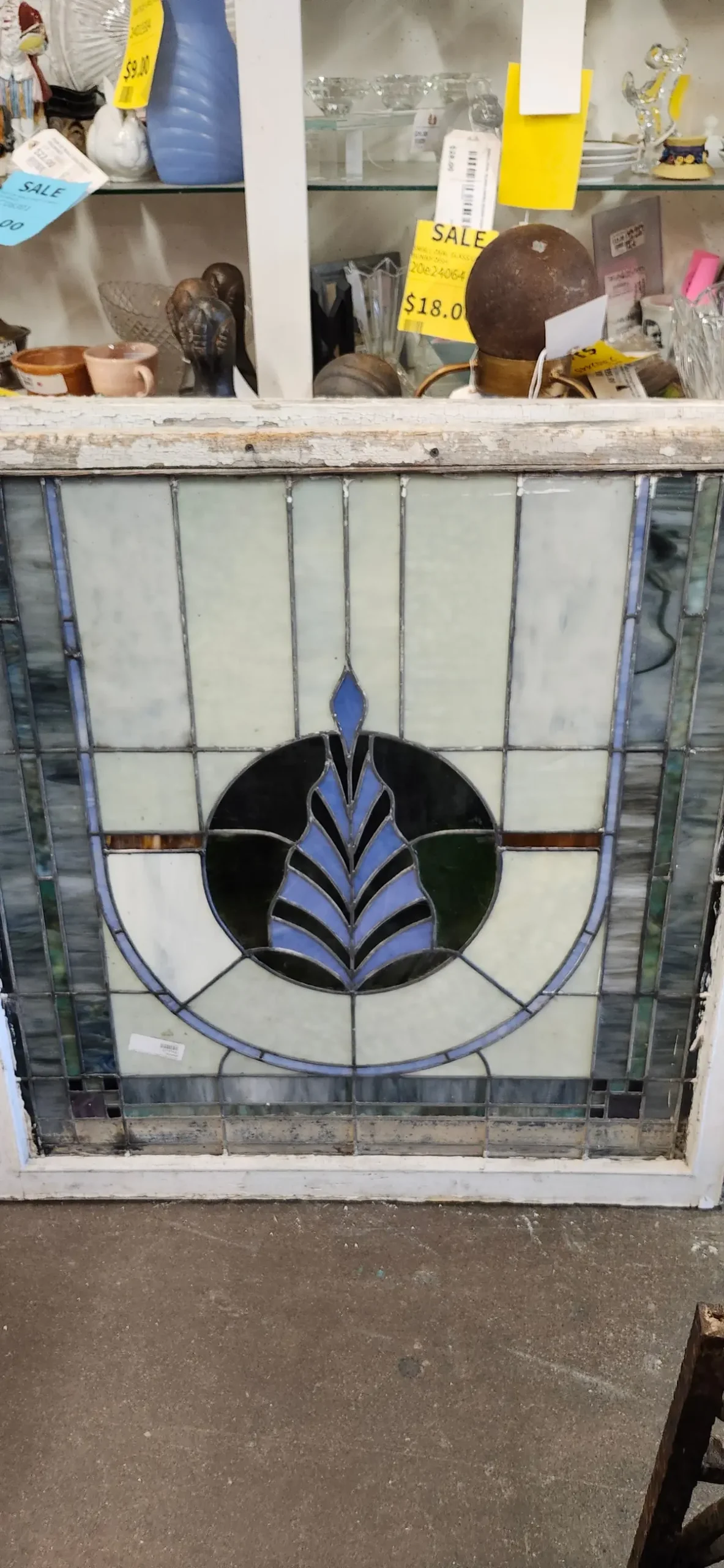 Large American Stained Glass Blue Leaf Window 1