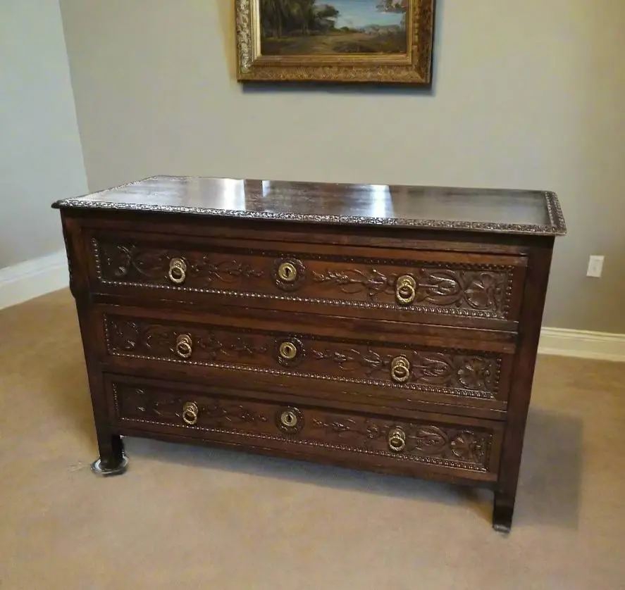 Large French Carved Dark Oak 3 Drawer Chest 1