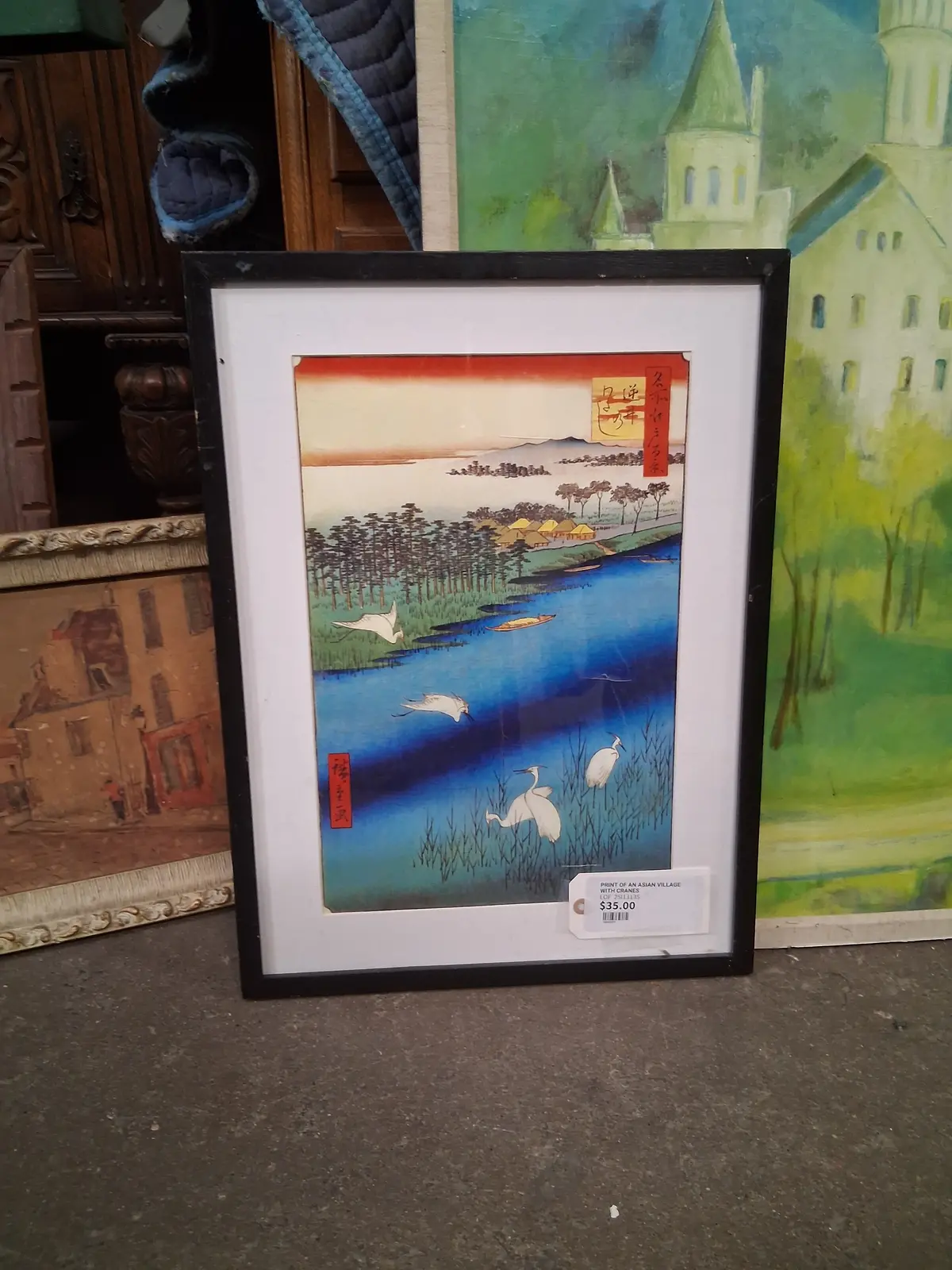 Print Of An Asian Village With Cranes 1