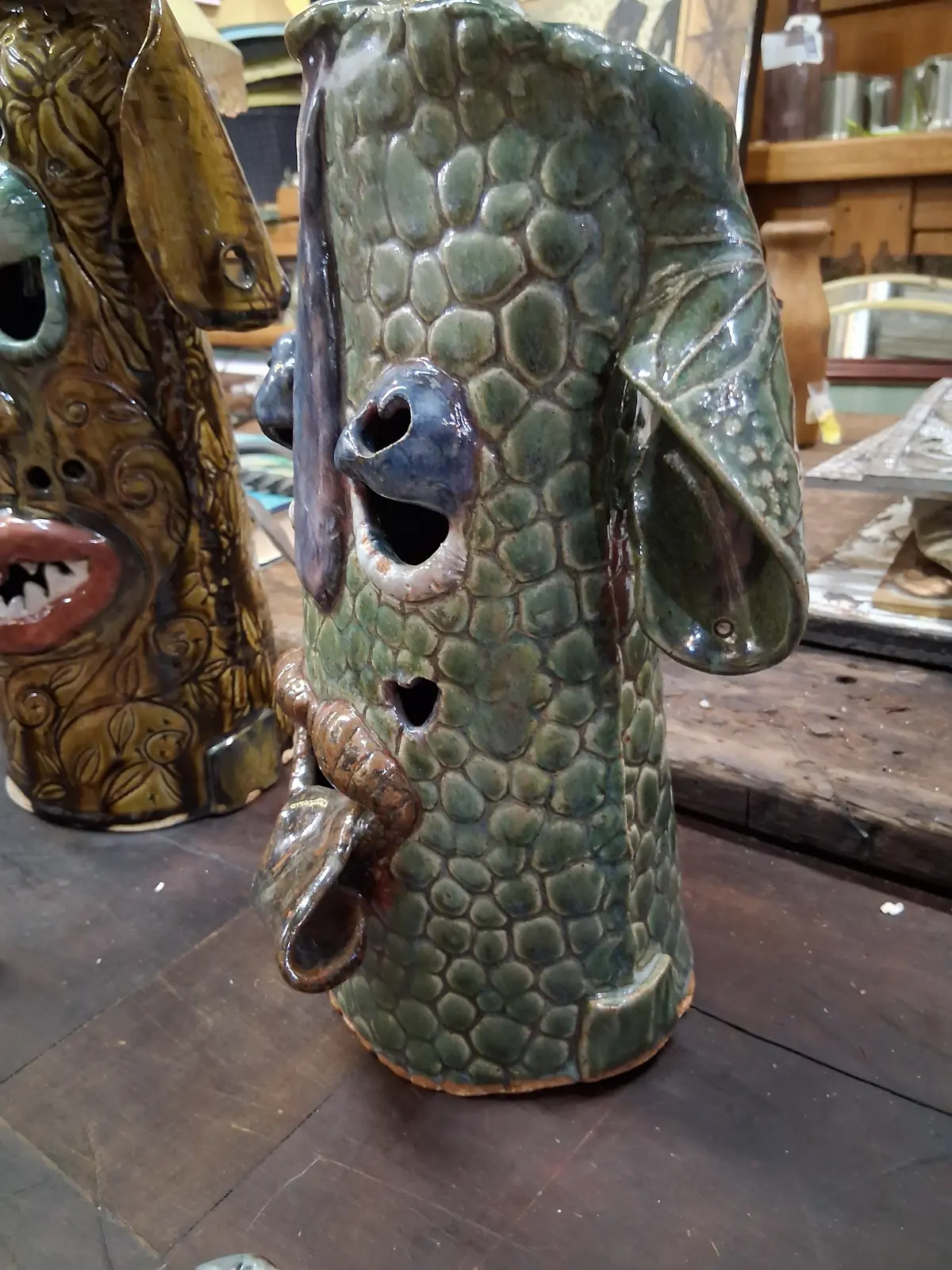 Green Scales Pottery Face Vase With Tongue By Terri Wilder 1