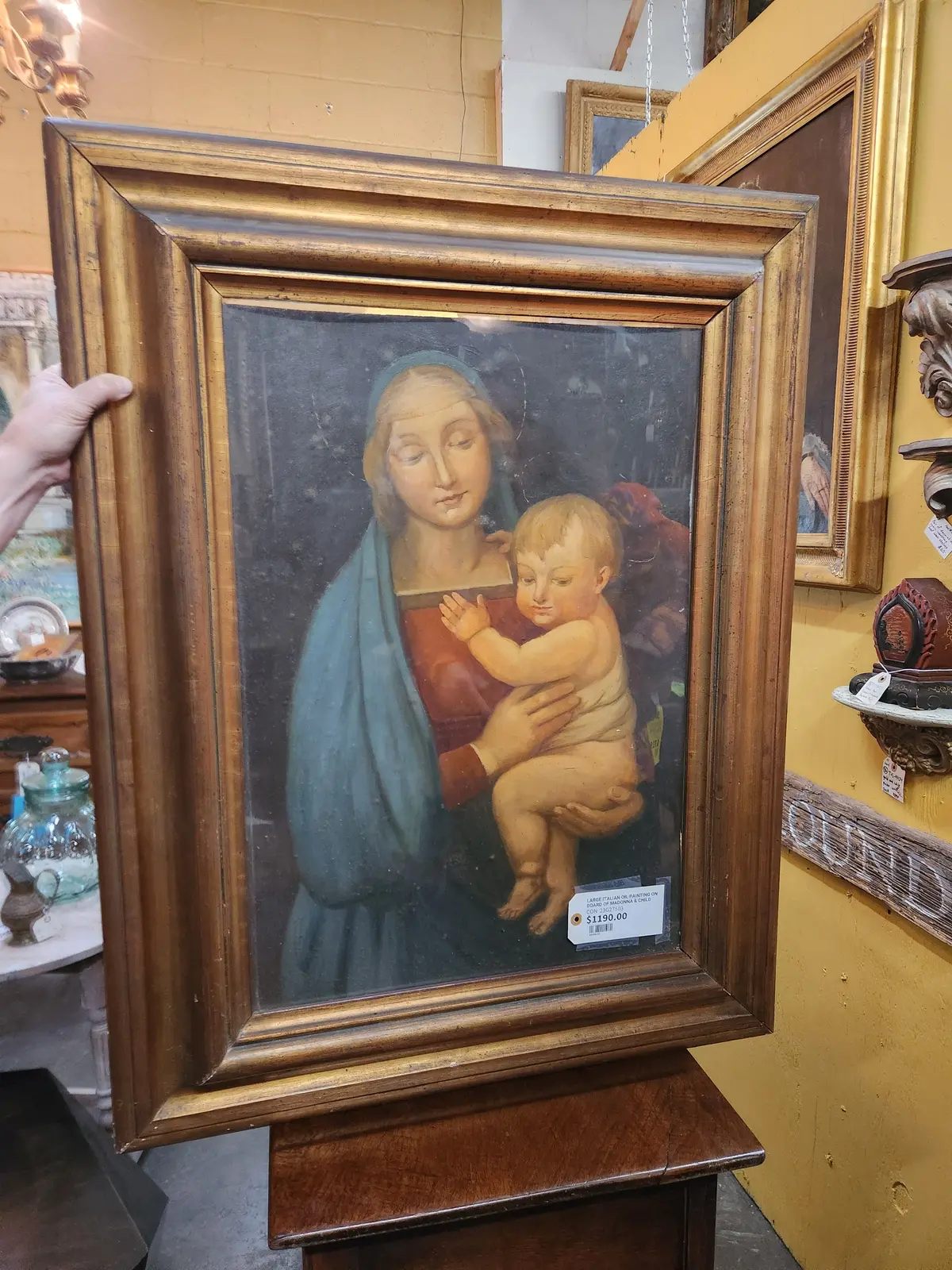Large Italian Oil Painting On Board Of Madonna & Child 1