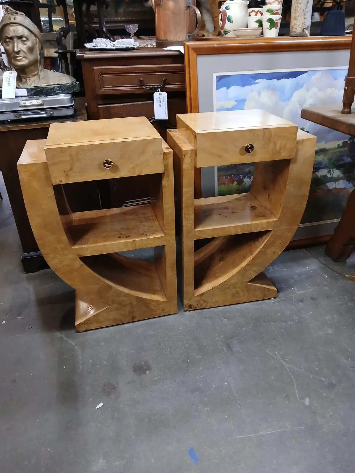 Pair Of Art Deco Birdseye Maple Curved Side Tables 1