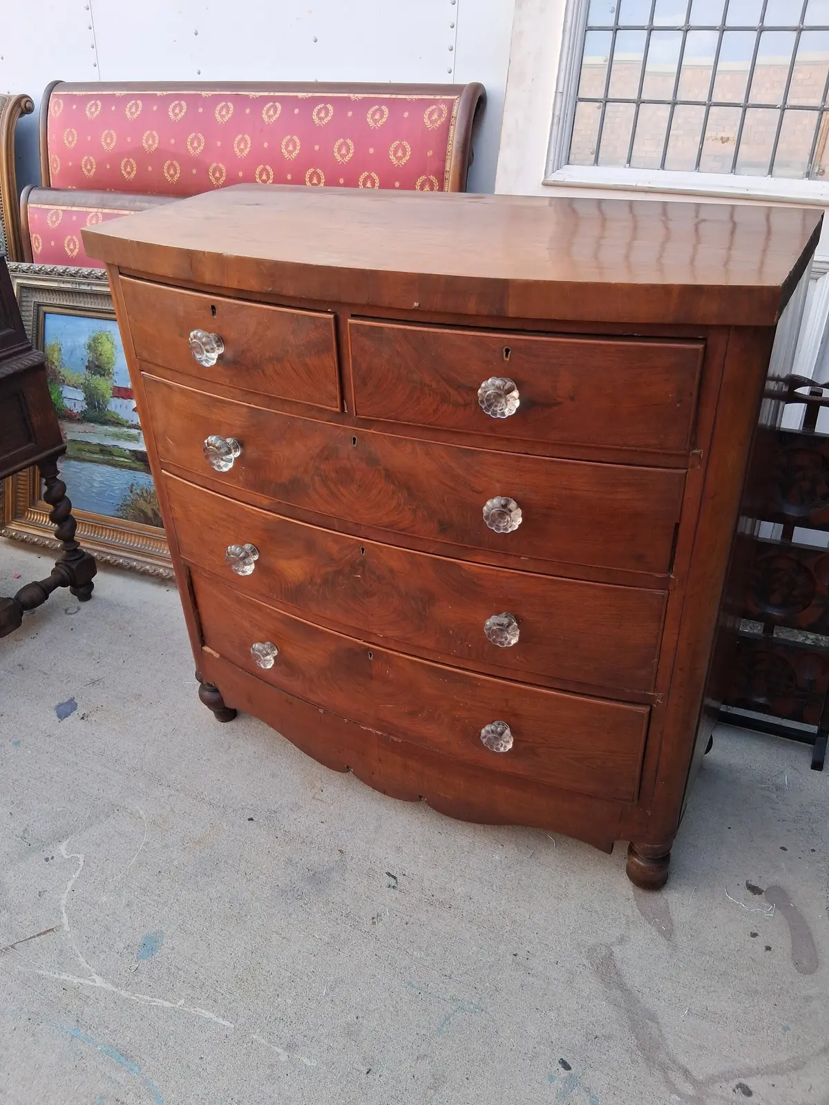 Georgian  Bow Front Glass Knob Oak Chest 1