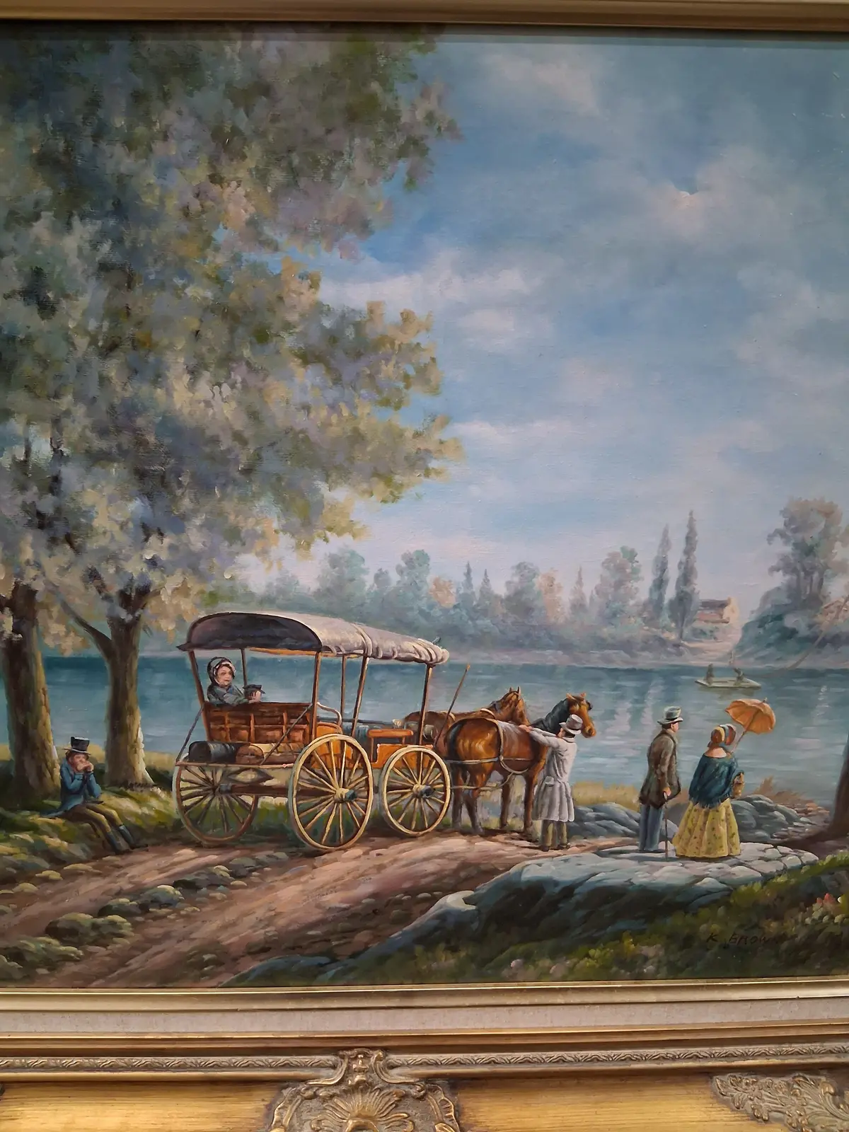 Gilt Framed Landscape Oil Painting Of A Horse Drawn Wagon 1