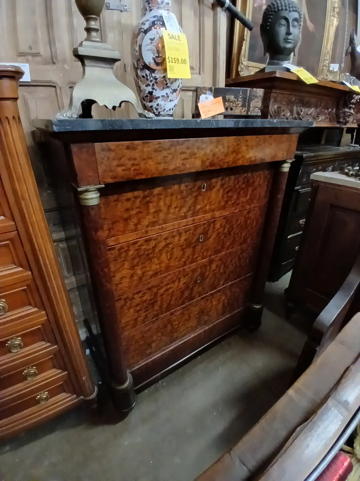 French Empire  Marble Top Burled Mahogany Chest As Found 1