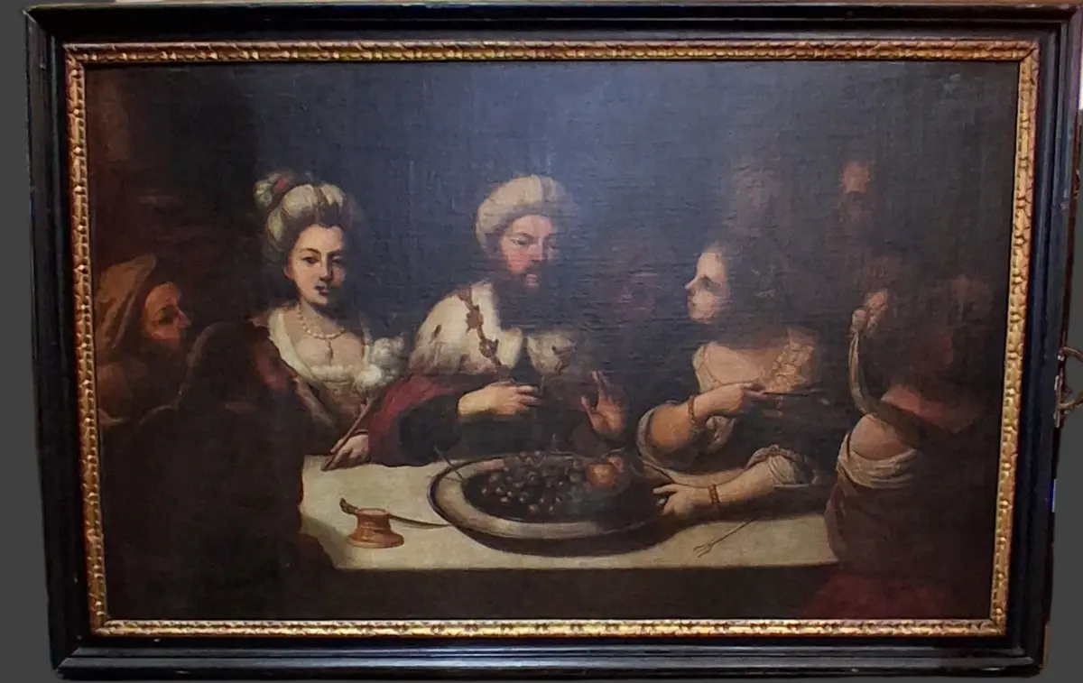 Framed 17Th Century Oil Painting Of A Feast-Relined 1