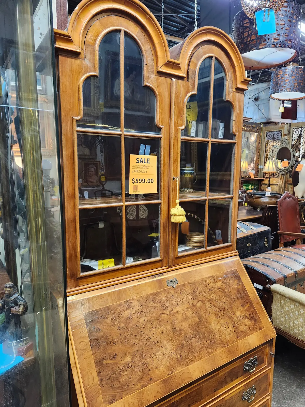 Burled Bookcase Secretary With Mullioned Upper Doors 1