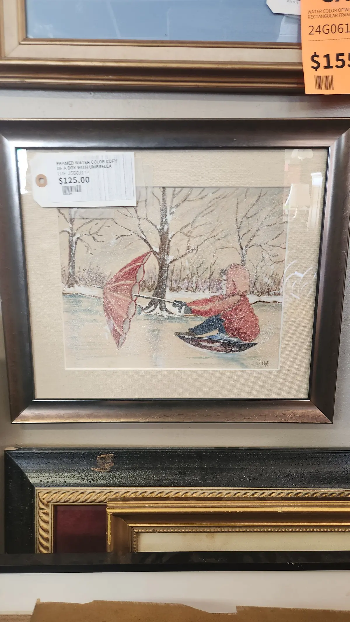Framed Water Color Copy Of A Boy With Umbrella 1