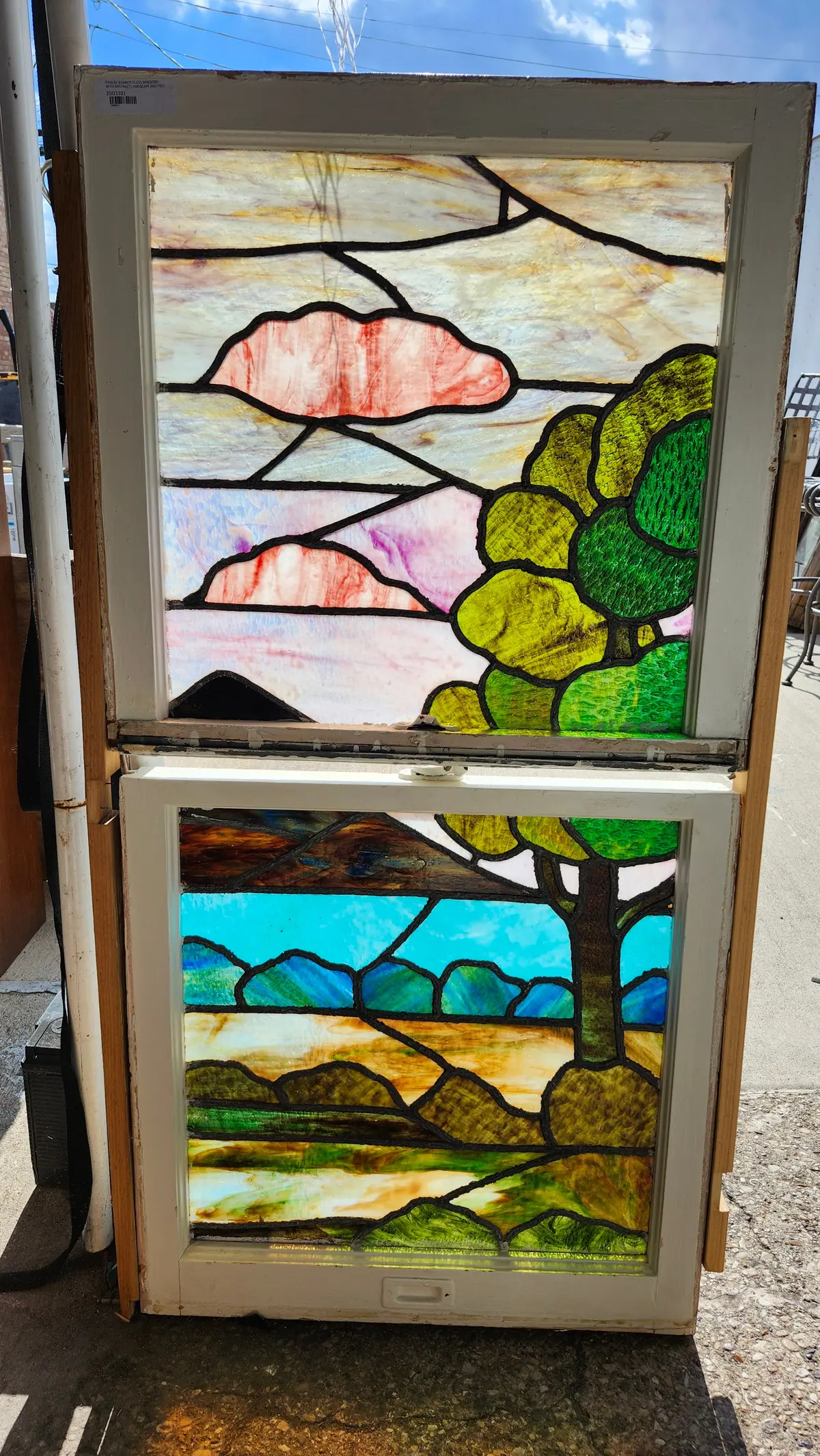 Pair Of Stained Glass Windows With Abstract Landscape And Tree 1