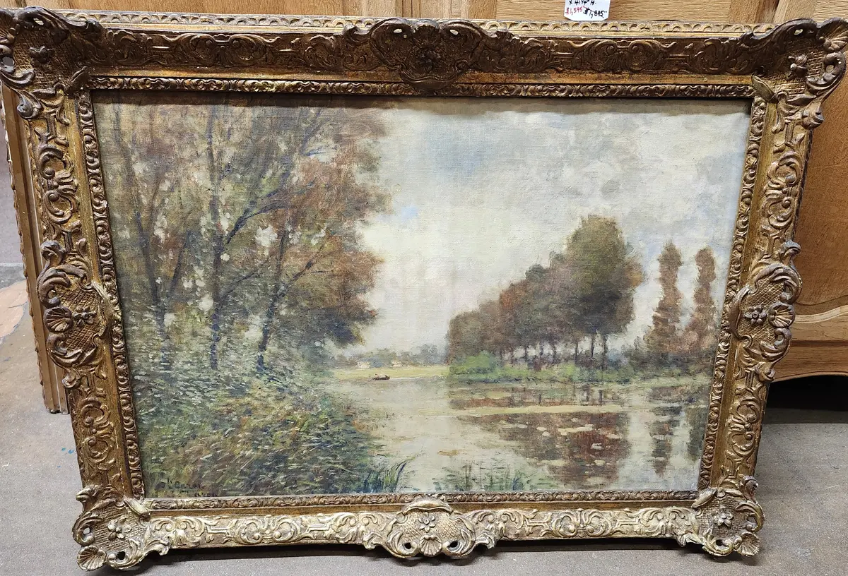 Large Gilt Framed  Impressionist Oil Painting Of A Lake 1