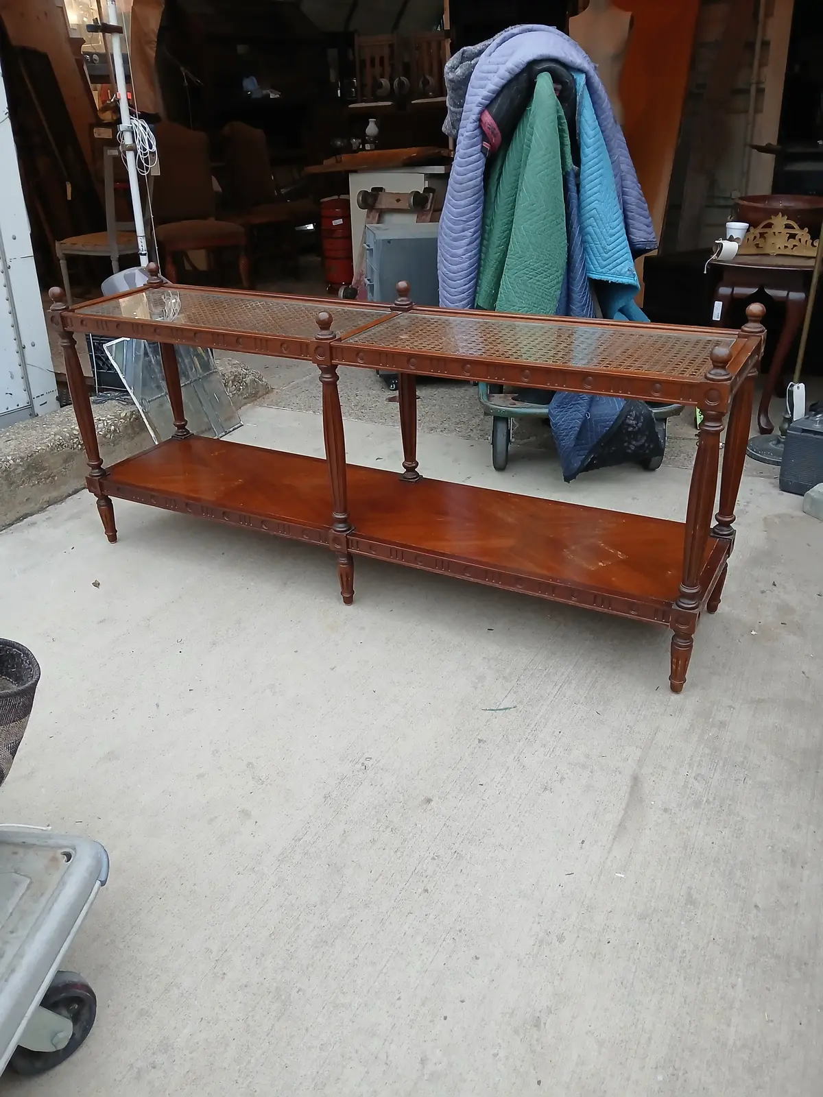 Mid Century Caned And Glass Top Console/Sofa Table 1
