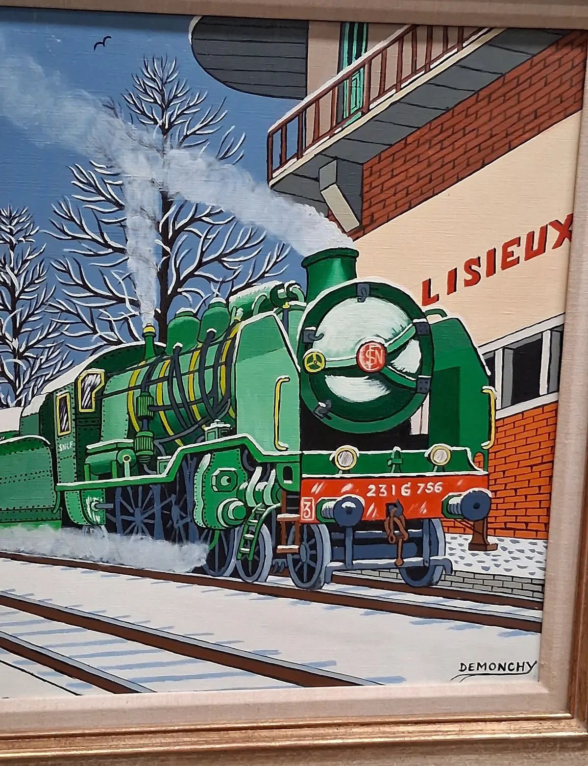 Colorful Grren Train Painting Signed Andre Demonchy 1