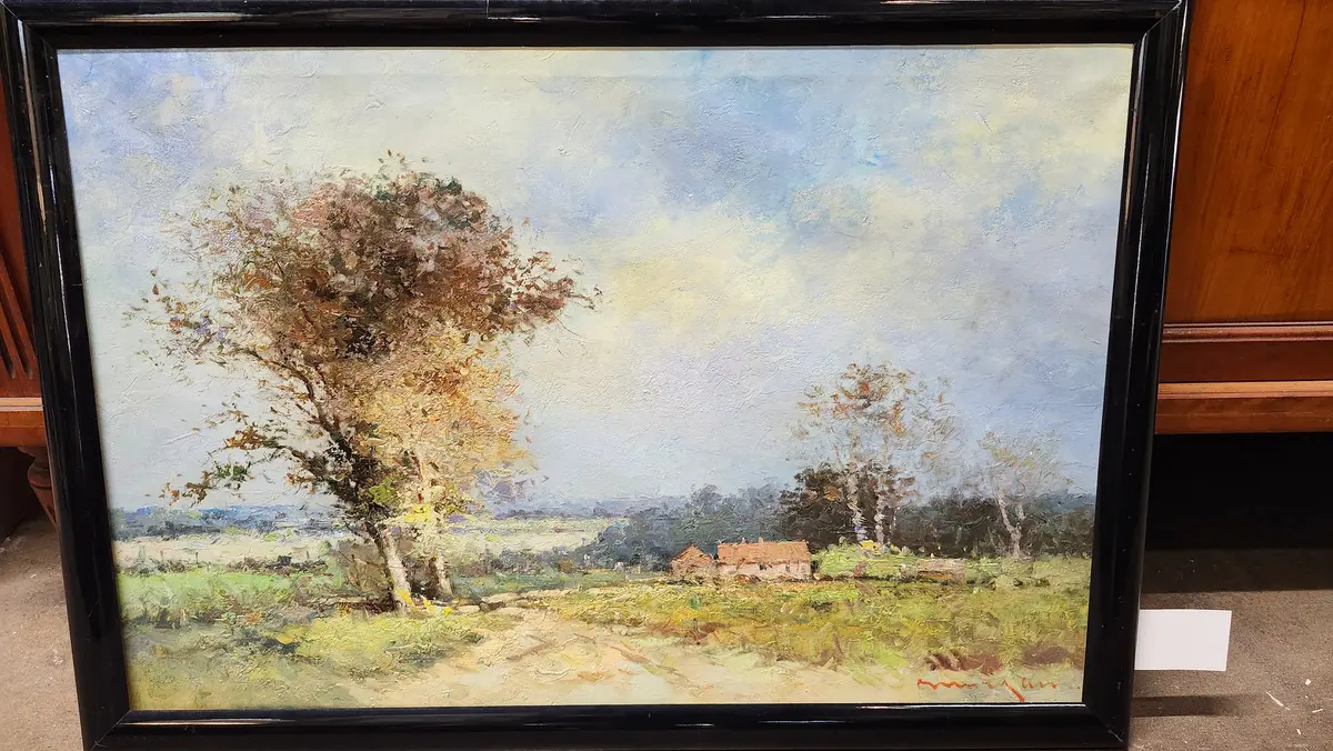 Large Black Framed Oil Painting Of A Tree And Ramshackle House 1