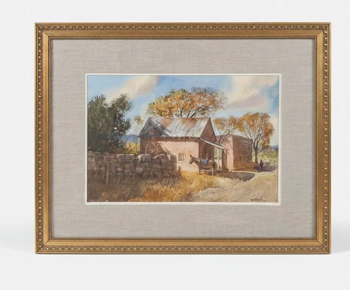 Framed Water Color Of A Donkey And Brick Buildings Signe Paul Strisik 1