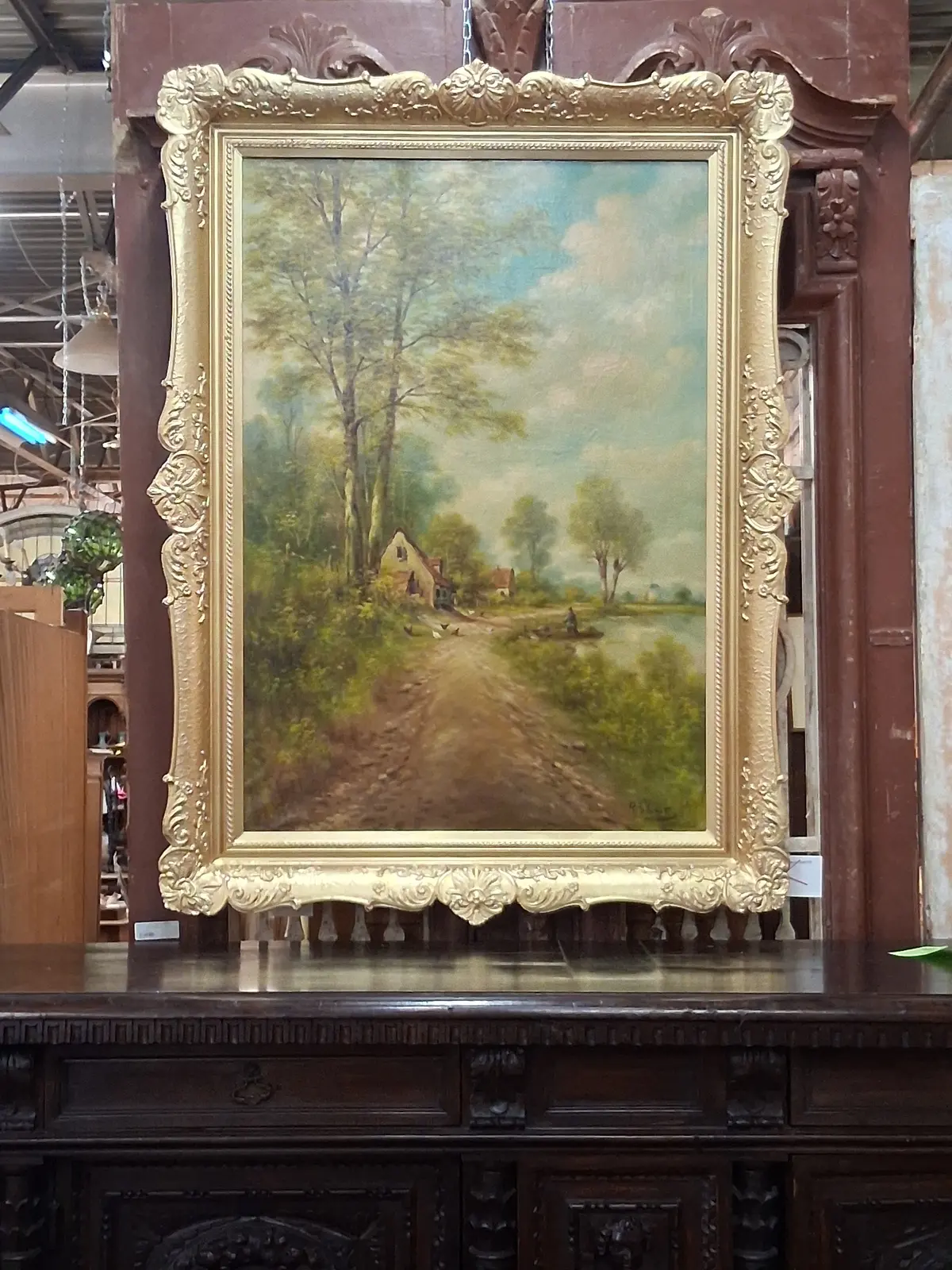 Gilt Framed Oil Painting Of Chickens Along The River Bank An A Man In A Boat 1