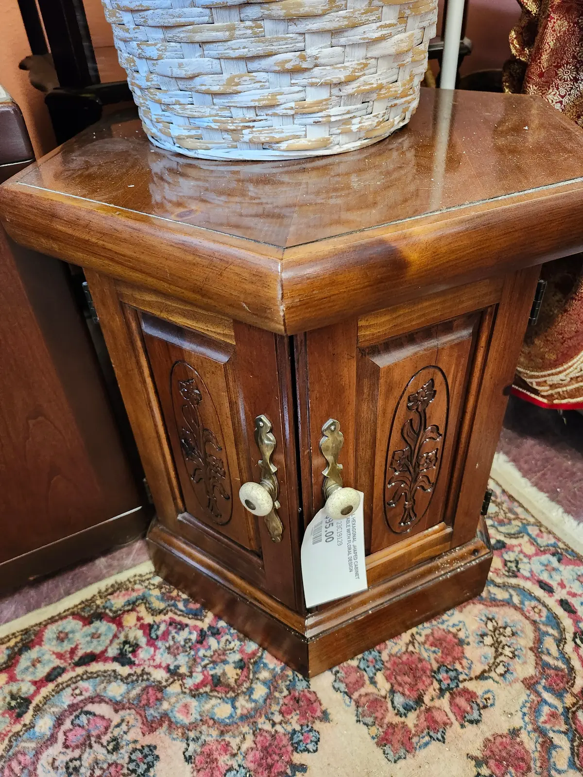 Small Hexagonal Shaped Cabinet Side Table With Floral Design 1