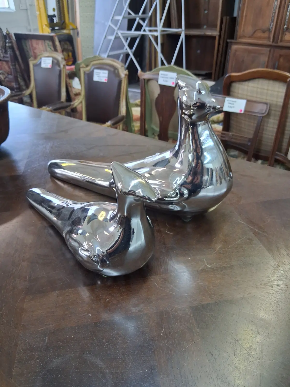 Pair Of Silver Porcelain Pottery Birds 1
