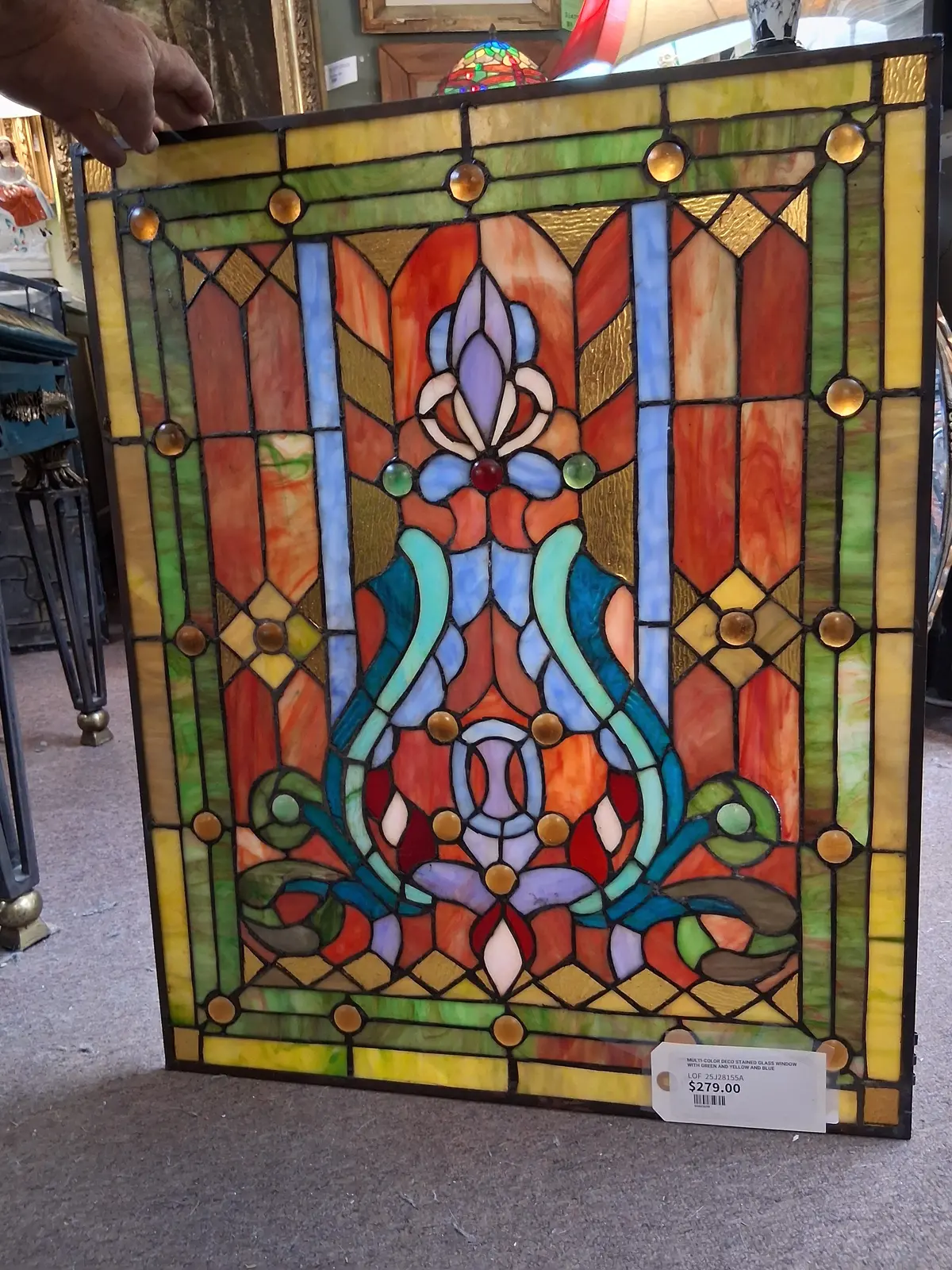 Multi-Color Deco Stained Glass Window With Green And Yellow And Blue 1