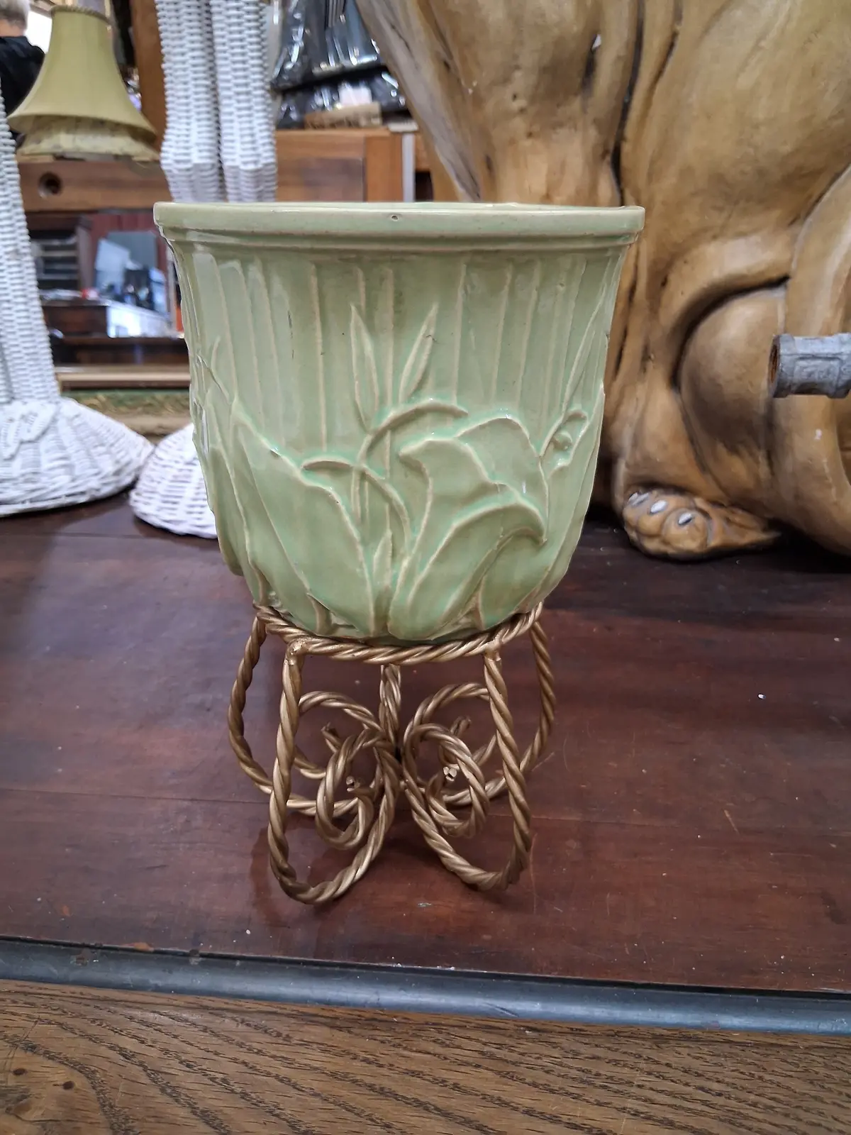 Light Green Floral Mccoy Planter On Metal Base 1