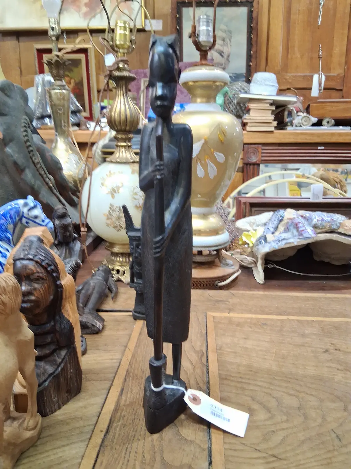 Tall Carved Wood African Woman With Spear Figure 1