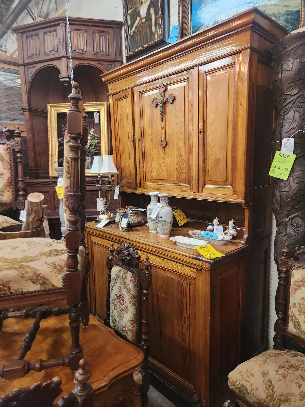 Pine  Rectory Wall Cabinet With Crucifix  On Door 1