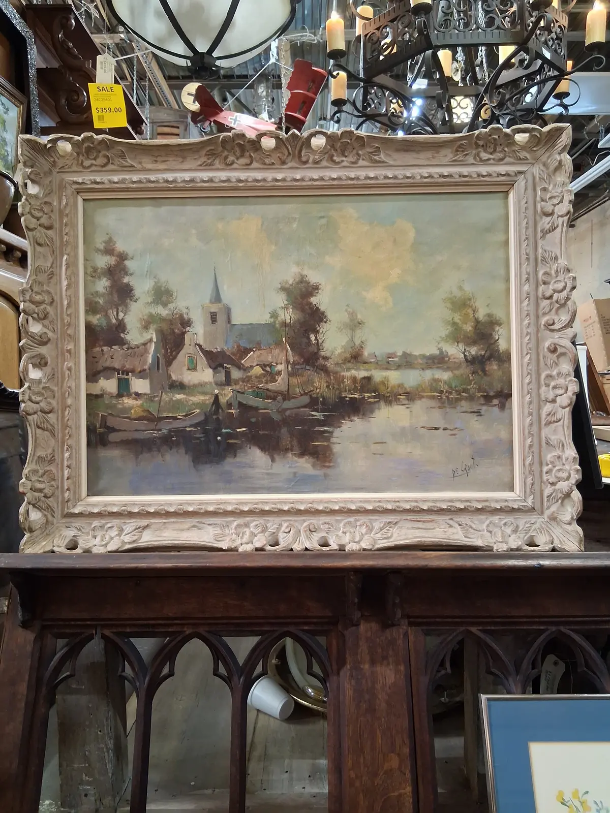 Framed Landscape Of A Church And Boats "As Found" 1