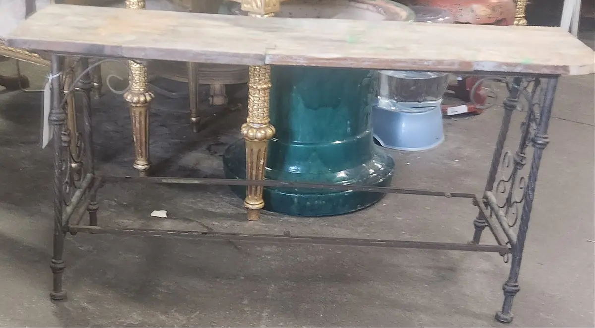 Small Iron Ornate Wood Top Bench 1