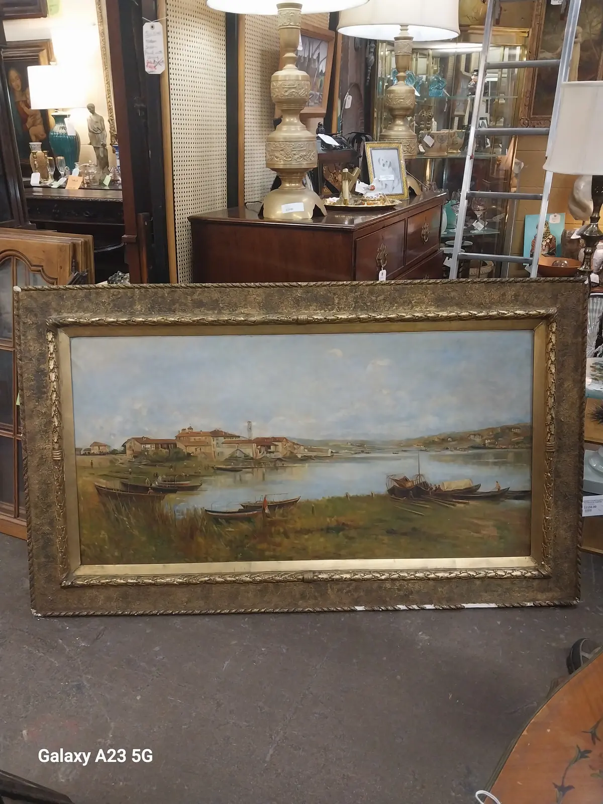 Framed Italian Village By The Water Oil Painting As Found 1