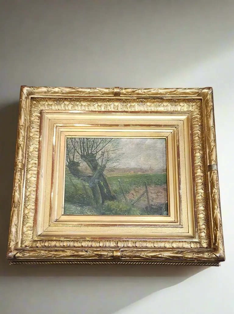 Small Gilt Framed Oil Painting Of Trees By A Field 1