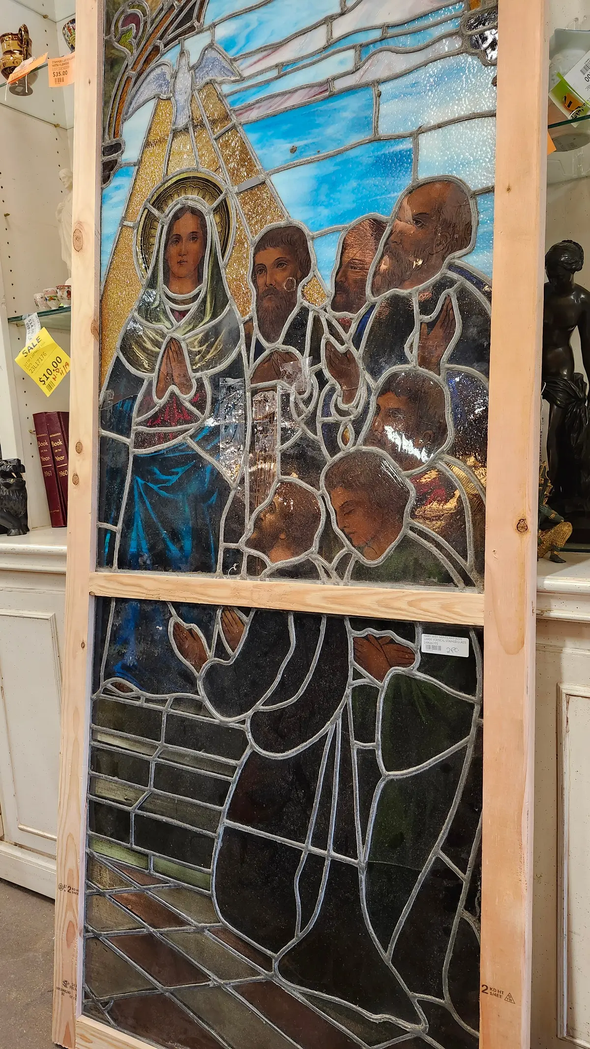 Mary With Saints And Dove Pentecost Large Vertical Stained Glass 3 Window Set 1