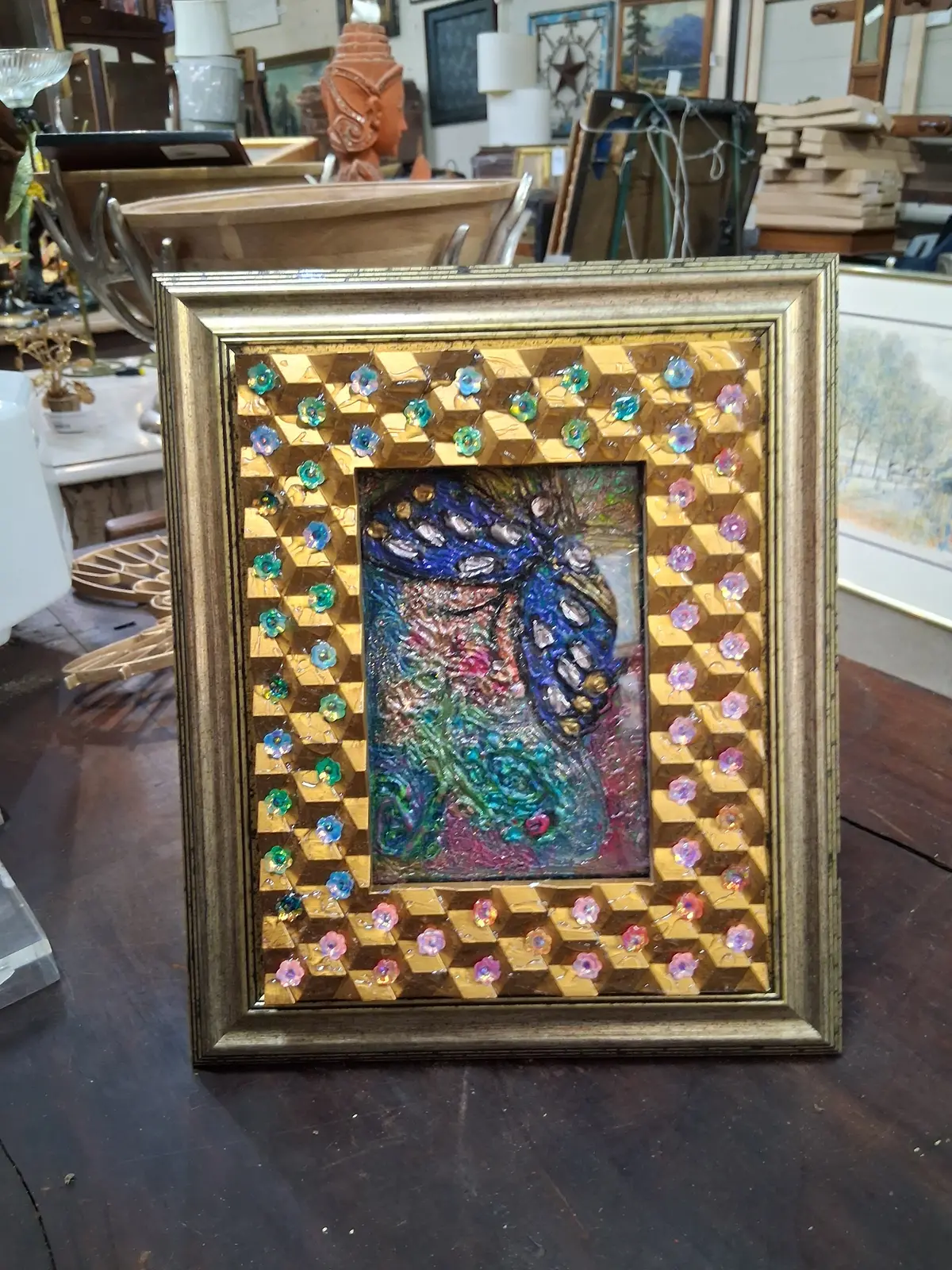 Butterfly Painting In Relief In Jeweled Frame 1