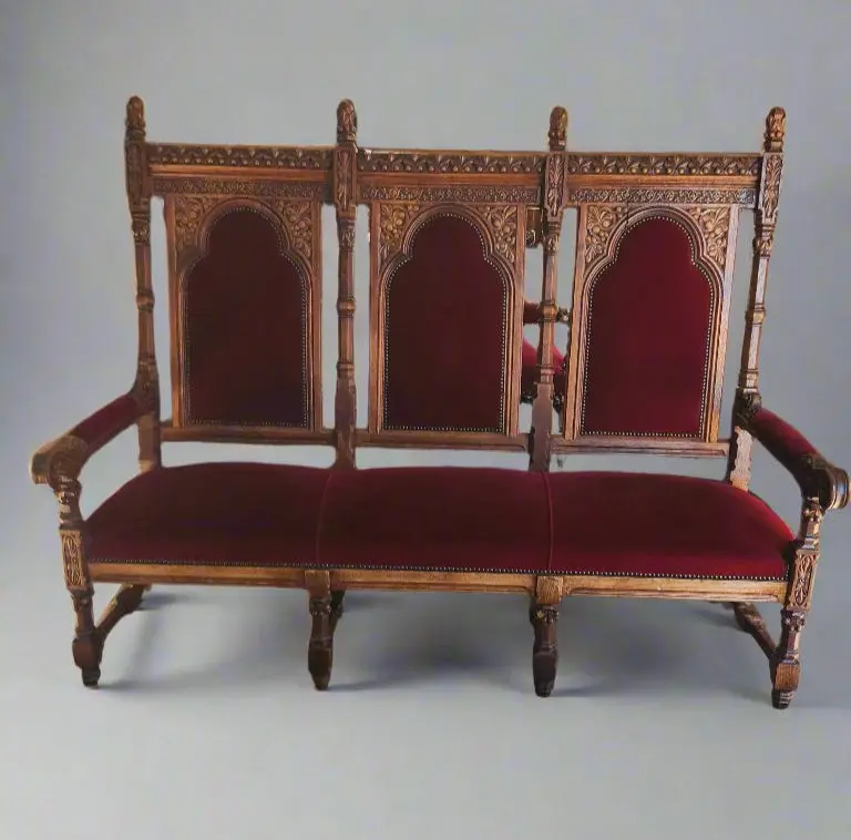 Large English Oak Red Upholstered 1880S High Back Settee 1