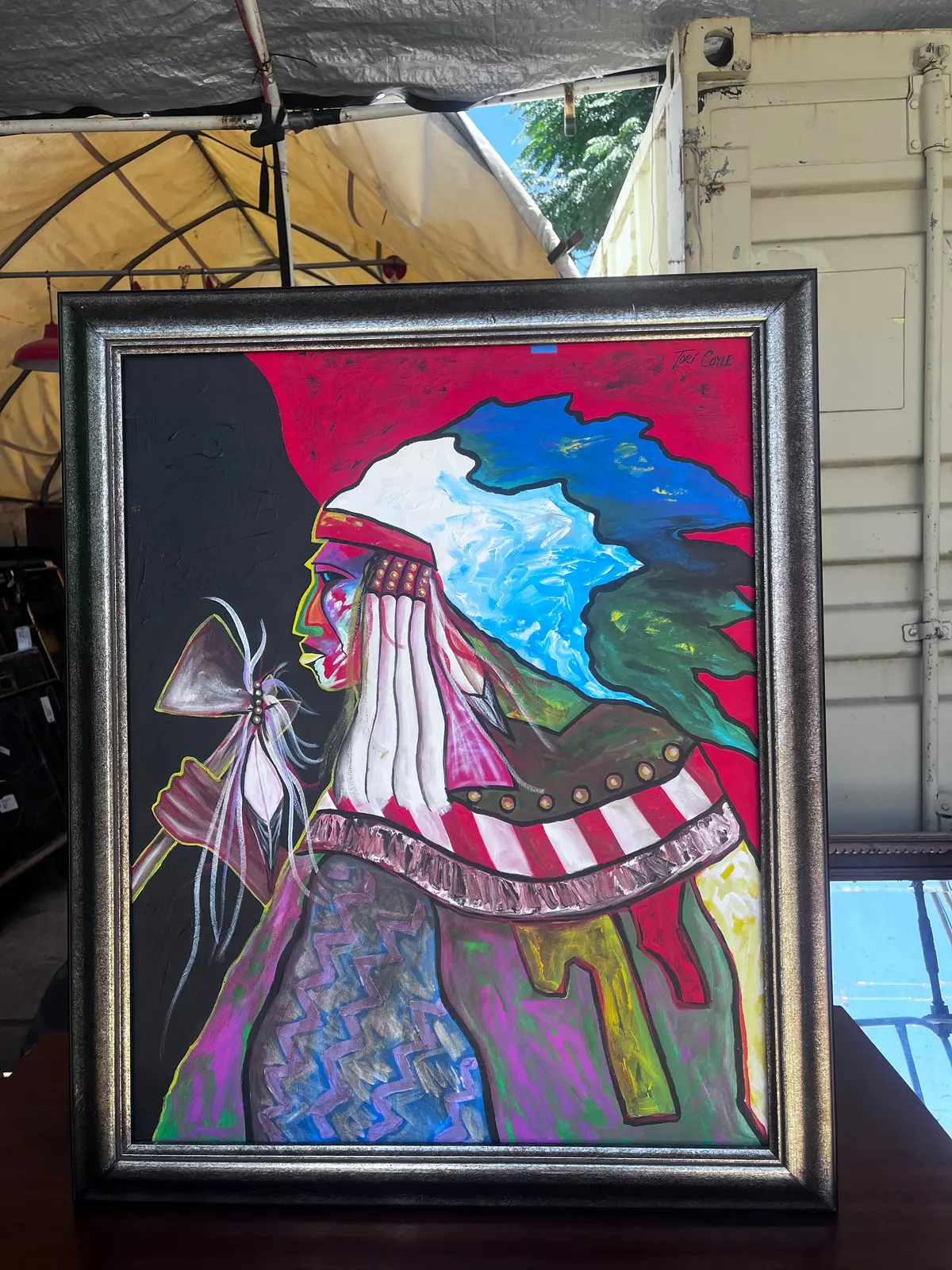 Framed Colorful Oil Painting Of An Indian With A Hatchet Signed Teri Coyle 1