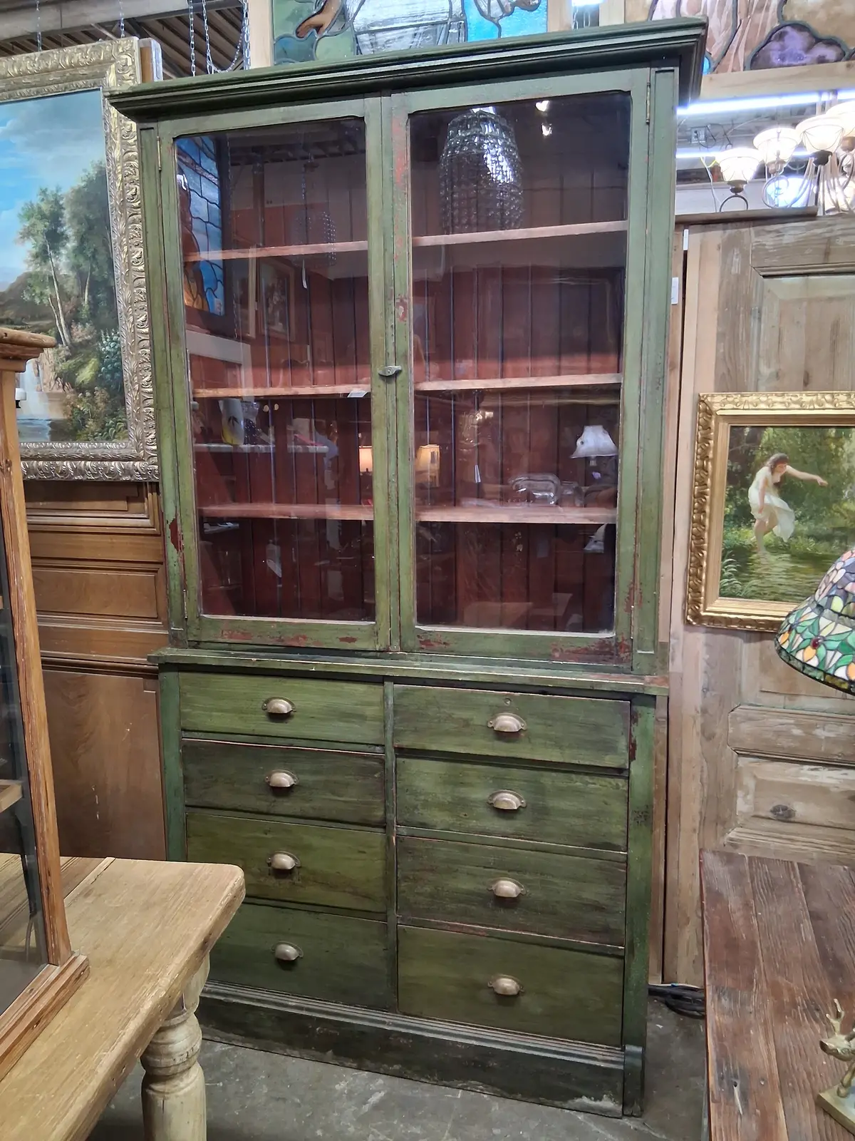 Large Early 20Th Century Green Apothocary Cabinet 1