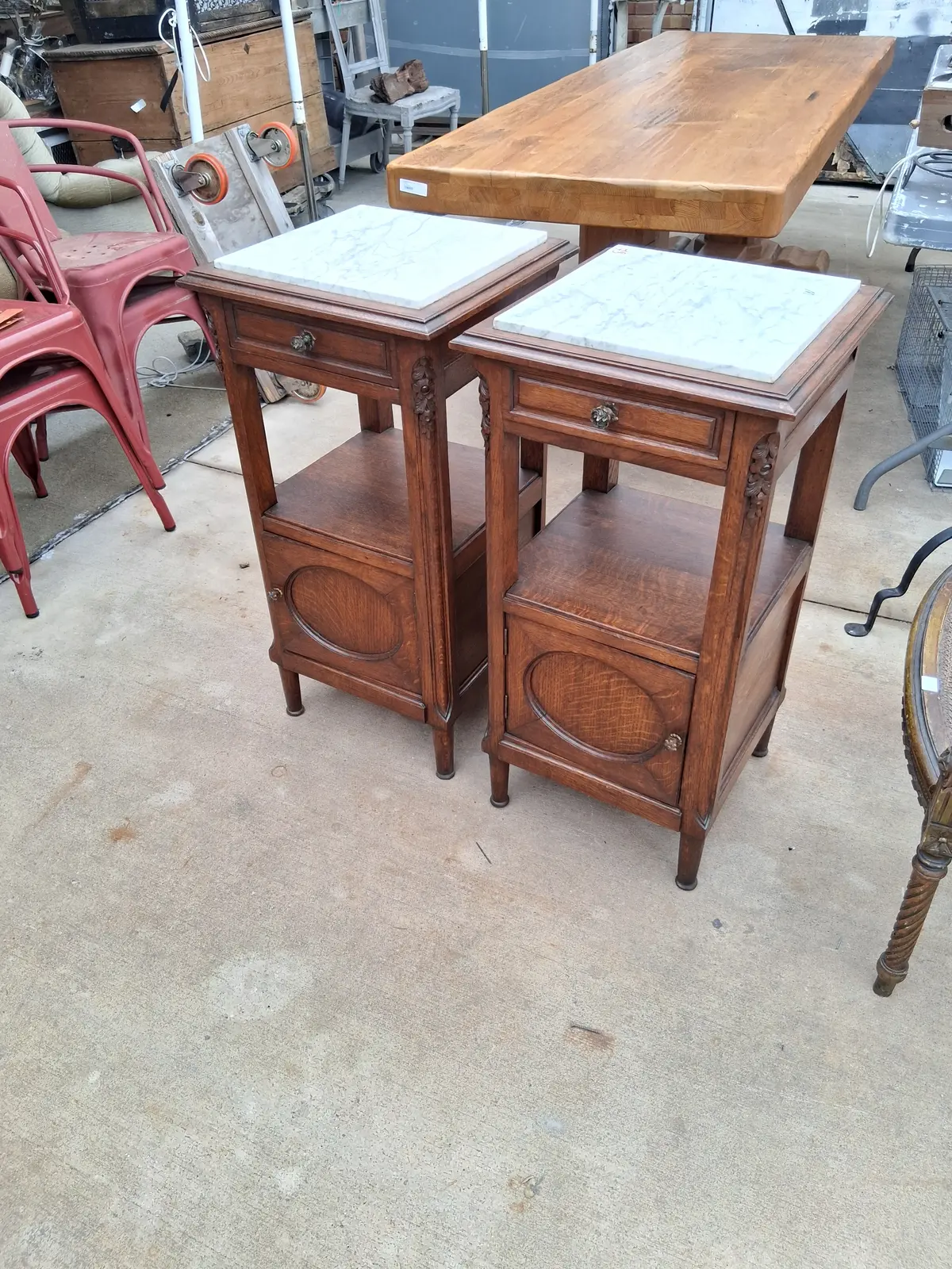 Pair Of White Marble Night Stands With Oval Panels 1