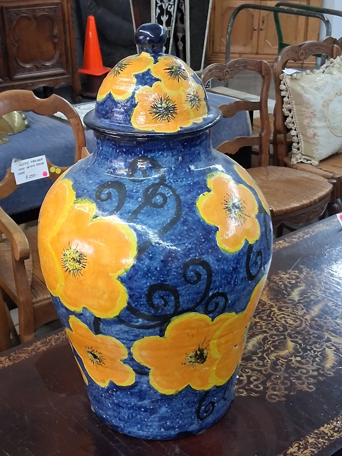 Hand Painted Orange And Blue Urn With Lid 1