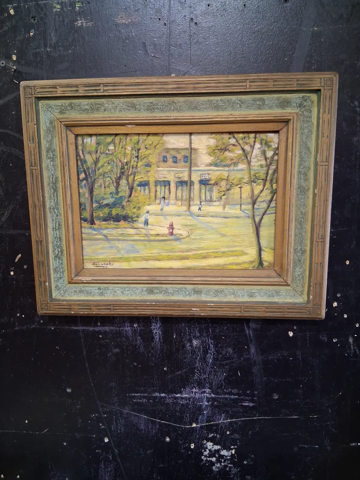 Small Brown And Green Framed Impressionist Street Scene - Signed Balanchy 1
