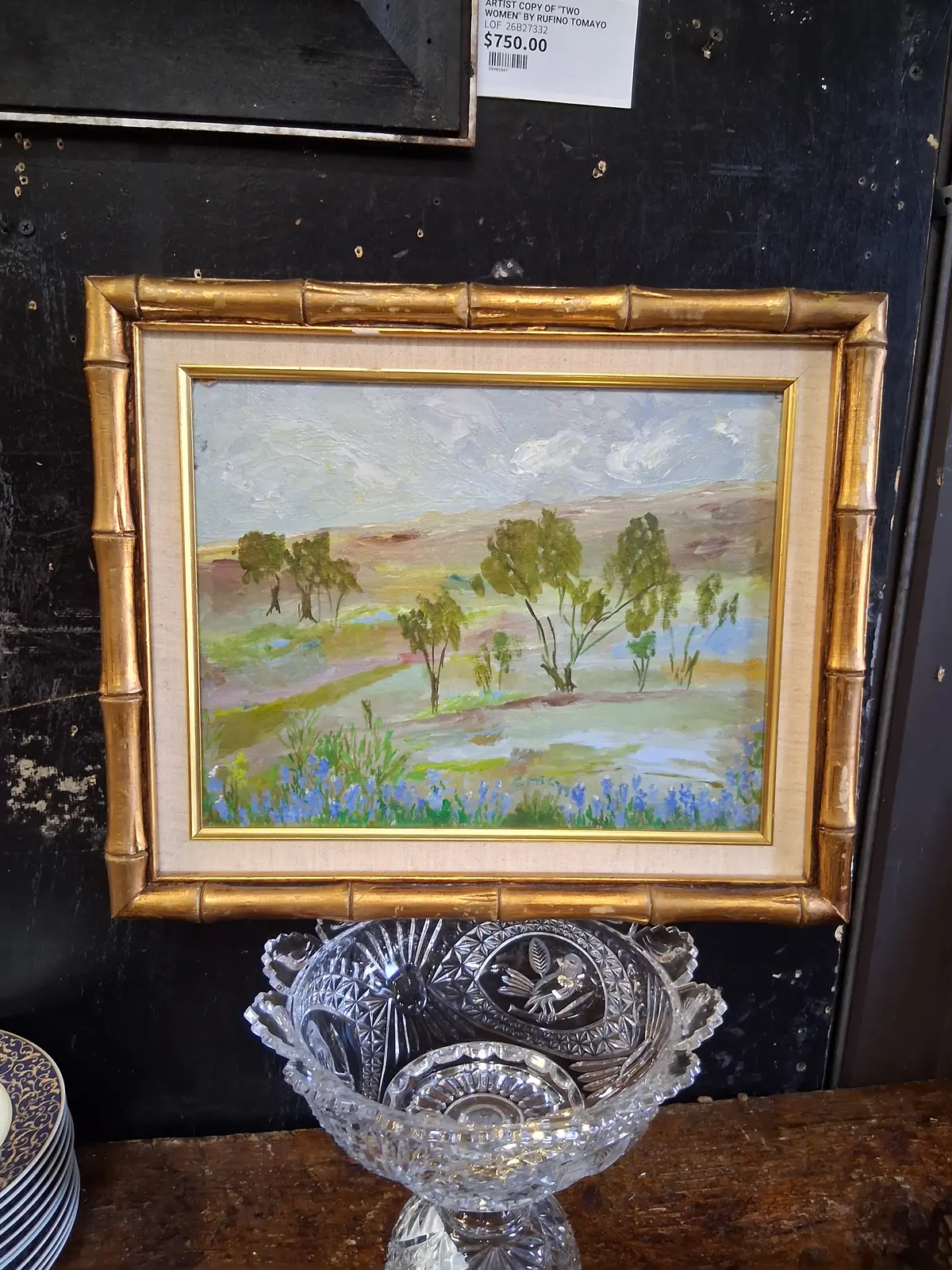 Small Faux Bambo Framed Impressionist Oil Painting Of Trees 1