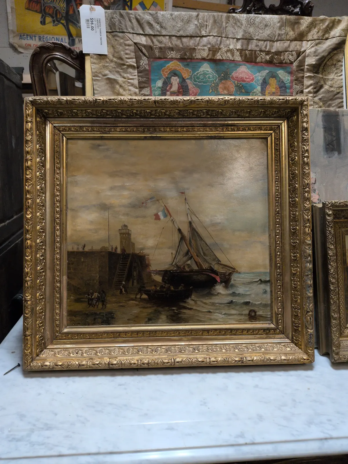 Gold Framed Oil Painting Of Boats At Port 1