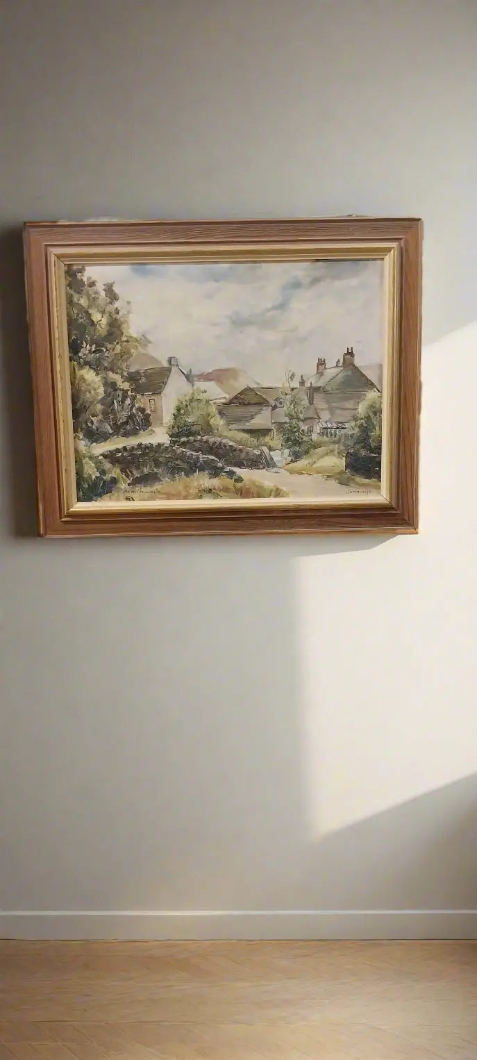 Framed Oil Painting Of A Town In Grey Tones 1