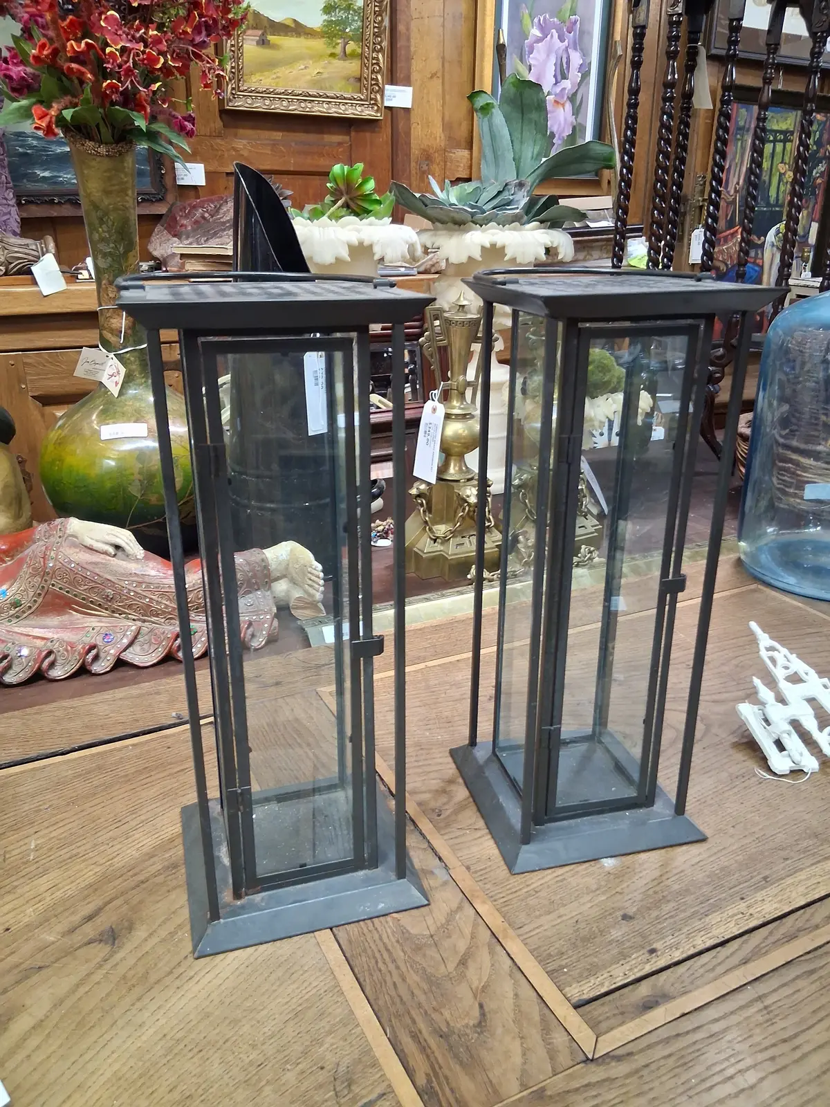 Pair Of Tall Black Iron In Glass Candle Holders 1
