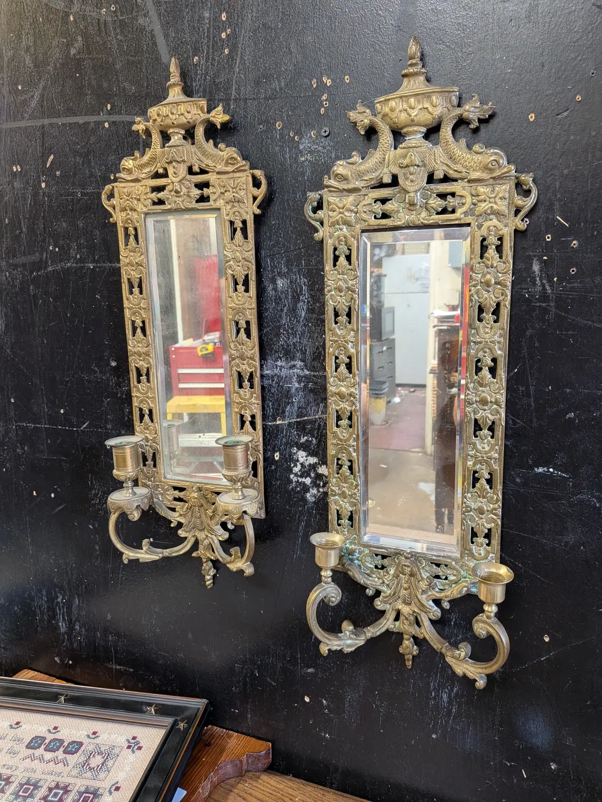 Pair Of Ornate Mirrored Brass Sconces 1