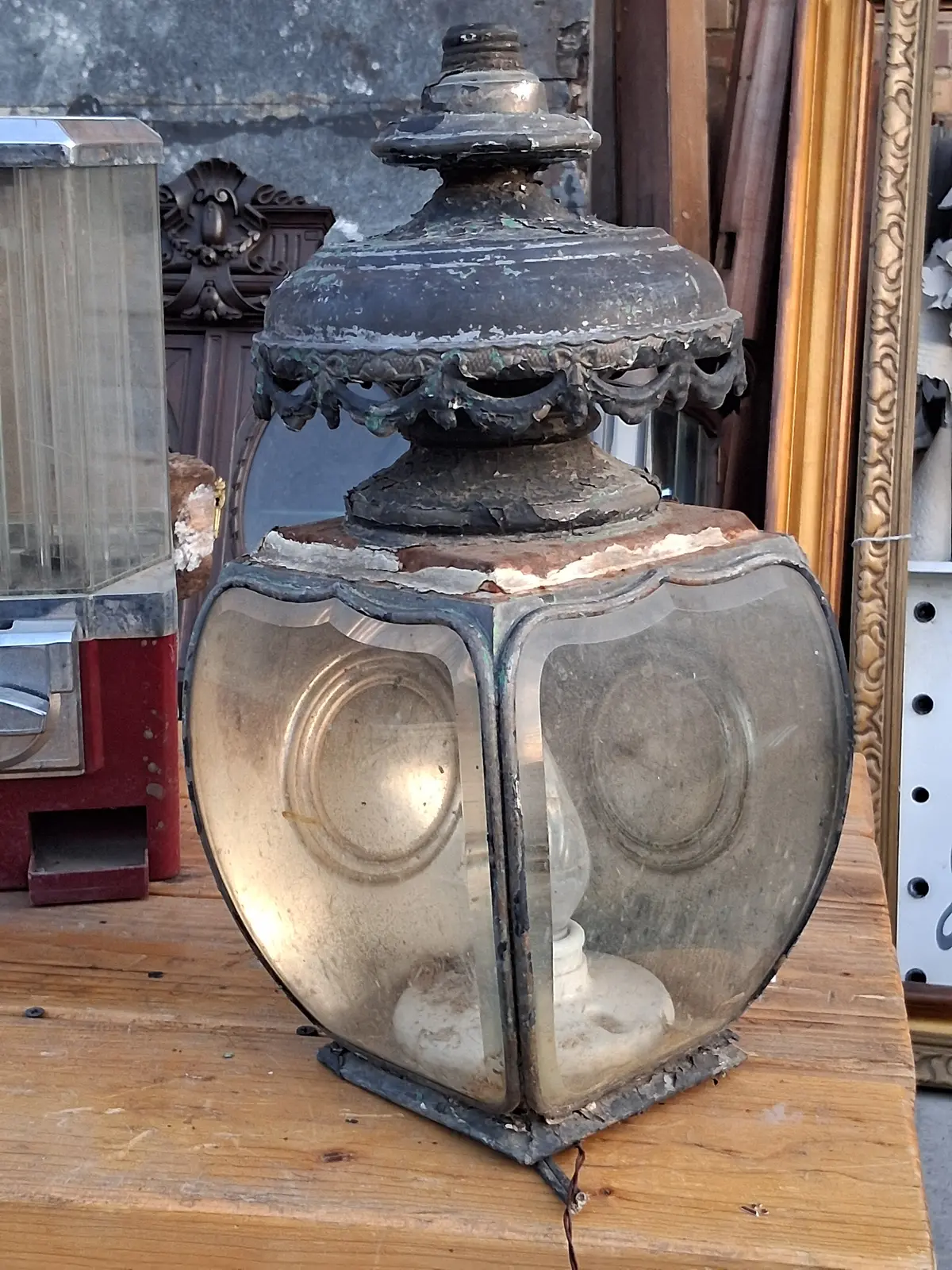 Shabby Green Ornate Metal And Glass Sconce 1