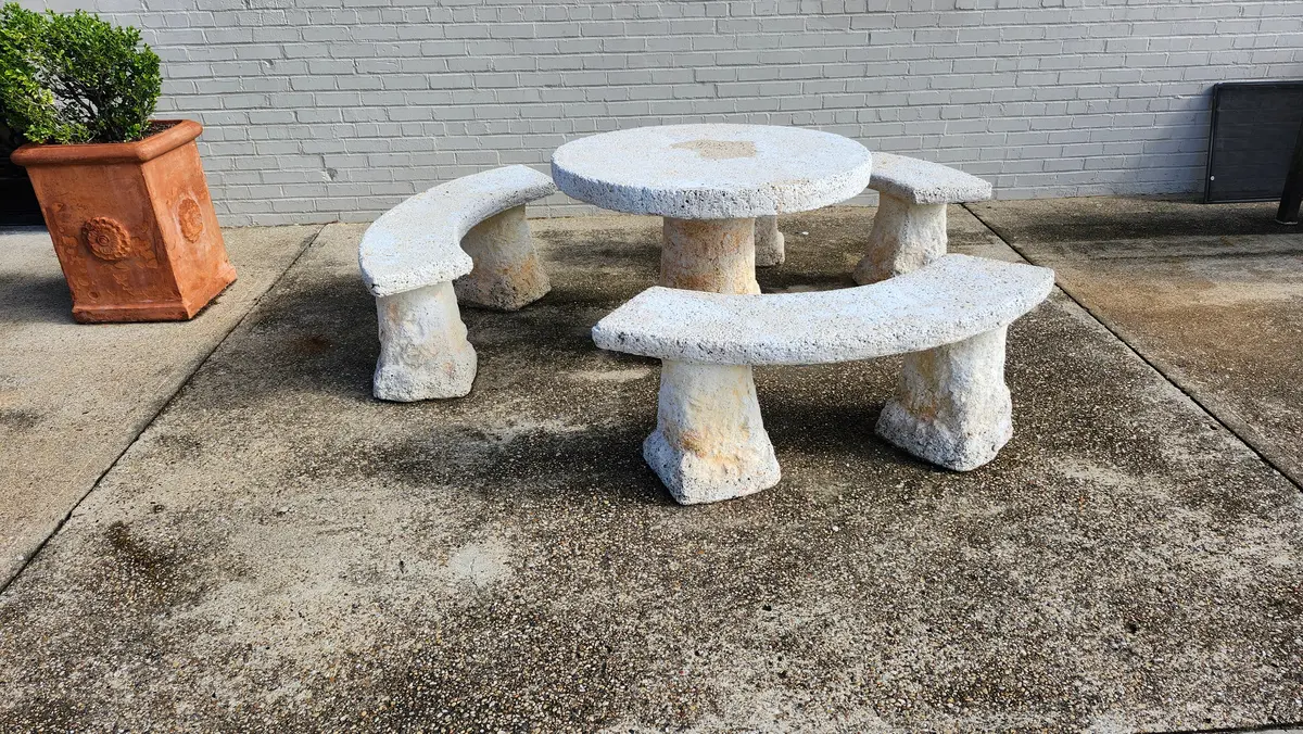 Composition Garden Table And Three Concrete Benches 1